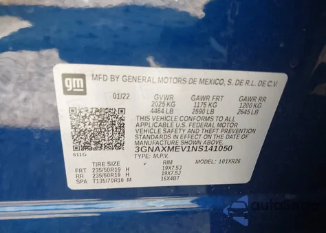 2022 Chevrolet Equinox Fwd Rs from USA, damaged, VIN 3GNAXMEV1NS141050